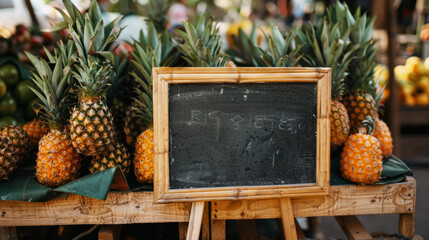 Counter on farmer's market with fresh organic pineapples, empty chalk board for inscription. Copy...