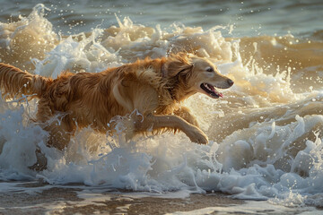 A Golden Retriever jumping joyfully over waves at the beach.