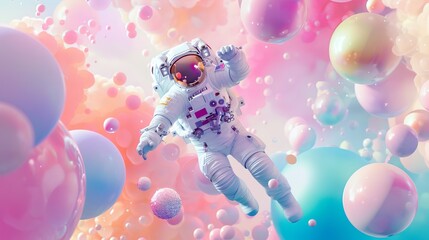 Party creative pastel colorful concept of astronaut, cyborg in space suit flying on balls and balloons. Abstract pastel party. Illustration. - obrazy, fototapety, plakaty
