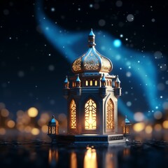 Obraz premium Eid mubarak and ramadan kareem greetings with islamic lantern and mosque. Eid al fitr background