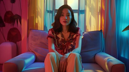 an Asian woman sitting on a couch by the window. generative AI