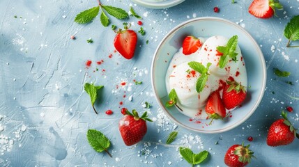 Close up of ice cream bowl with strawberries and mint