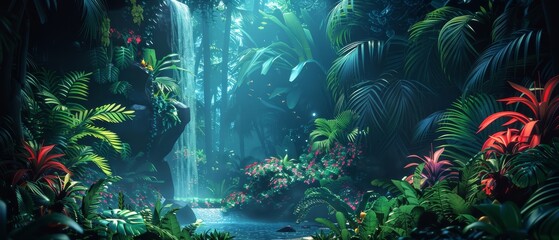 A photo of a waterfall in a jungle with green plants and flowers.