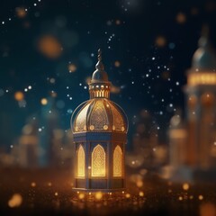 Fototapeta premium Eid mubarak and ramadan kareem greetings with islamic lantern and mosque. Eid al fitr background
