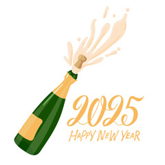 2025 Happy new year. Champagne Bottle Exploding for celebration, holiday, anniversary. Vector isolated on white background. Green glass bottle popping its cork splashing. Festive congratulations