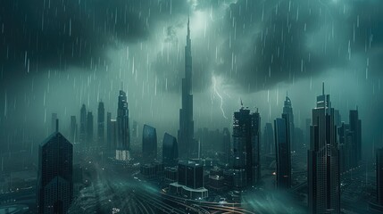 Fototapeta premium A storm and rain sweep through the city of Dubai. Generative AI.