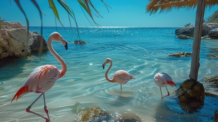A flamingos on beach house, clearwater, palm trees. Generative AI. - obrazy, fototapety, plakaty