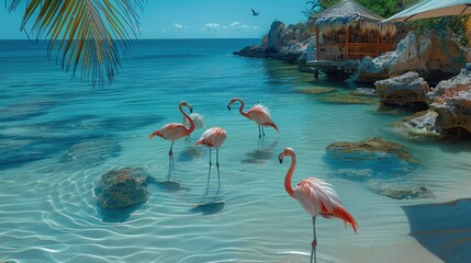 A flamingos on beach house, clearwater, palm trees. Generative AI. - obrazy, fototapety, plakaty