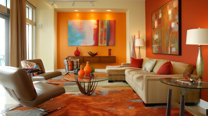 An inviting living room with a warm, orange accent wall and pops of vibrant colors throughout,...