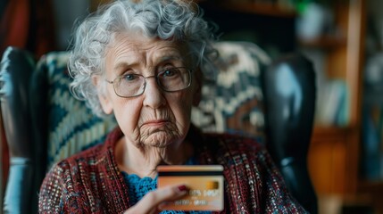 Cautious Elderly Woman Holding Credit Card