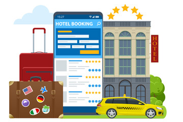Isometric online hotel booking concept. Buying ticket with smartphone. People booking hotel and search reservation for holiday. Smartphone maps gps location