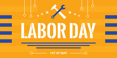 International Labor Day banner with text and working tools, vector invitation with first of May, Workers Day.