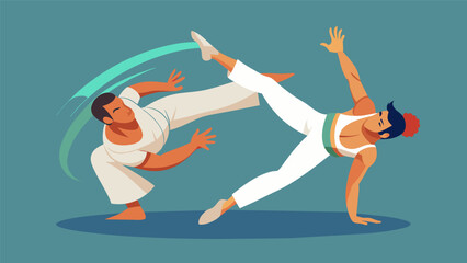 In the midst of a spirited roda circle two capoeiristas showcase their mastery of both dance and combat gracefully dodging and striking each