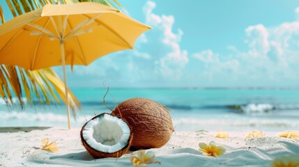 Tropical Beach Concept Made of Coconut Fruit and Sun Umbrella