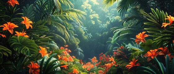 A lush tropical jungle with bright orange flowers and green foliage