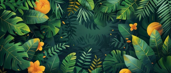 A lush tropical rainforest with green leaves and orange flowers. - obrazy, fototapety, plakaty