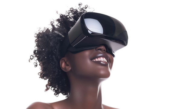 Woman with glasses of virtual reality on transparent background. Future technology concept.



