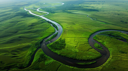 Meandering River Through Lush Green Landscape