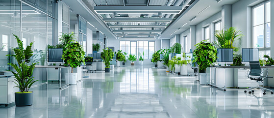 Spacious and Bright Modern Office Corridor, Minimalist White Design with Open Perspectives - obrazy, fototapety, plakaty