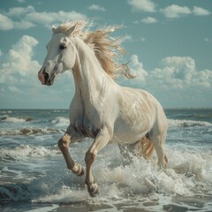 Obraz na płótnie Canvas A white wild horse galloping on the beach
