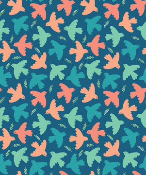 Seamless pattern with colorful simple birds and plants. Vector backdrop in flat style	