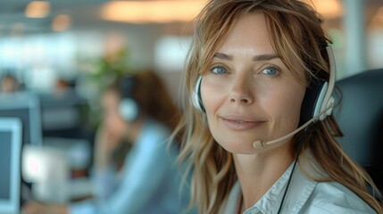A middle-aged female telemarketers wearing a headset at the background of colleagues in a light office space. Generative AI.