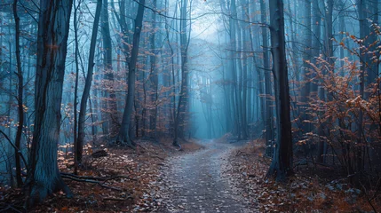 Zelfklevend Fotobehang Mysterious blue-toned forest pathway. Footpath in the © UsamaR