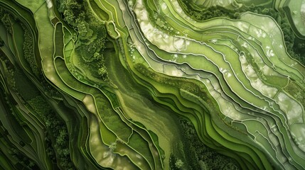 Rice terraces illustration - Abstract green texture with waves and lines, top view