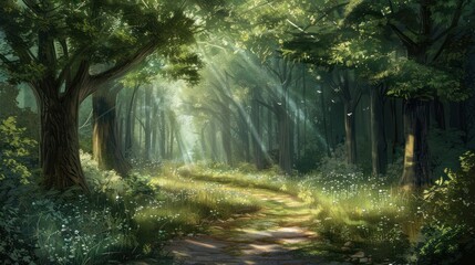 Fototapeta na wymiar A peaceful forest path dappled with sunlight filtering through the trees, beckoning wanderers to embark on a journey of tranquility