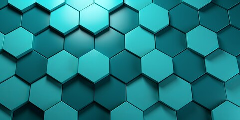Turquoise background with hexagon pattern, 3D rendering illustration. Abstract turquoise wallpaper design for banner, poster or cover with copy space 