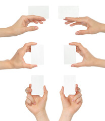 Set of Hands, which holding white blank card, isolated on transparent background