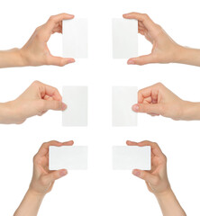 Set of Hands, which holding white blank card, isolated on transparent background