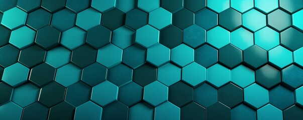 Turquoise background with hexagon pattern, 3D rendering illustration. Abstract turquoise wallpaper design for banner, poster or cover with copy space 