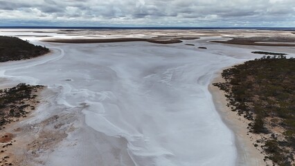 Aerial view of a large salt lake in Western Australia