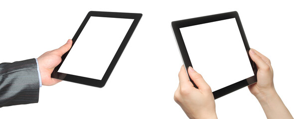 Set of Hands, which holding Touch Screen Device - Tablet PC with blank screen, isolated on transparent background