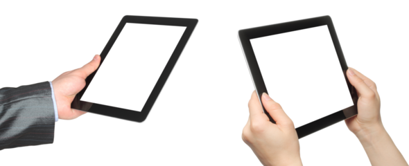 Set of Hands, which holding Touch Screen Device - Tablet PC with blank screen, isolated on transparent background