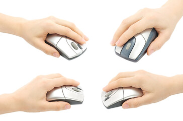 Set of Hands, which holding Computer Mouses, isolated on transparent background 