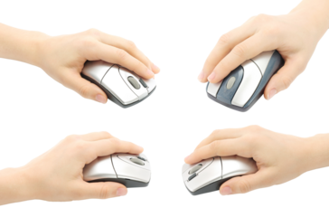 Set of Hands, which holding Computer Mouses, isolated on transparent background 