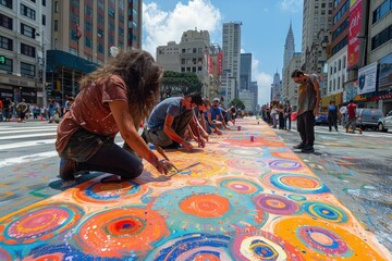 A diverse group of artists painting on the street in front of a bustling urban cityscape with towering buildings in the background