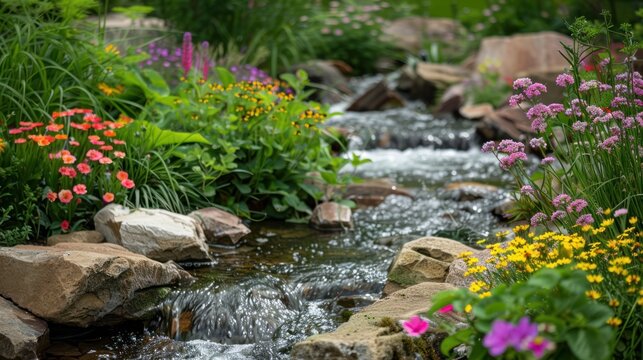 A peaceful garden with blooming flowers and a flowing stream, offering a serene sanctuary for reflection and contemplation