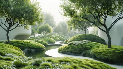A eco street made from grass with tree around, green mood and tone, futuristic, landscape. Generative AI.