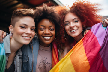Diverse young friends with rainbow flag celebrating pride festival in city. LGBTQ community concept