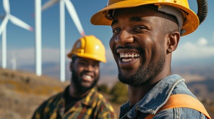 Two wind power engineers installing wind turbines outdoors smiling at camera