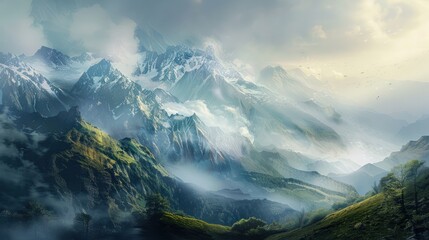 A peaceful mountain landscape, with misty peaks and rolling hills, inviting viewers to find solace and tranquility in nature's embrace