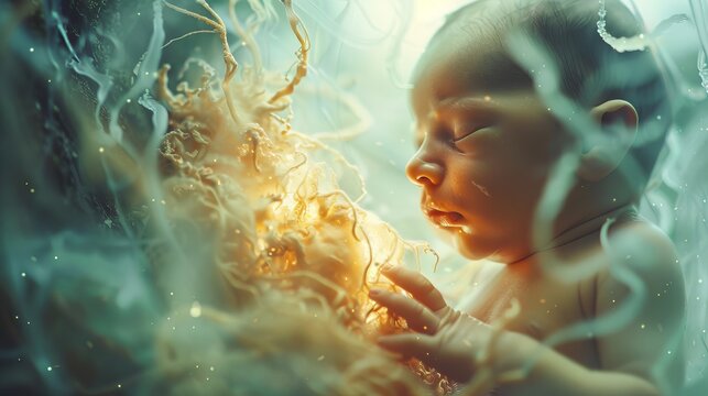 A fetus curled up in a womb.