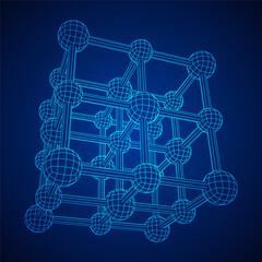 Crystal lattice molecule grid. Sodium chloride rock salt. Wireframe low poly mesh vector illustration.