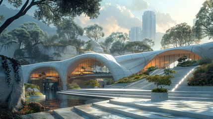 Design concept showing a large sheltered plaza leading up to a hill like commercial development...