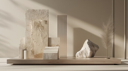 Composition empty podium material wood stone dry flowers. Product presentation. Background is beige. Beautiful in the style of deconstructed landscapes, serenity and calm, composition wood and stone 