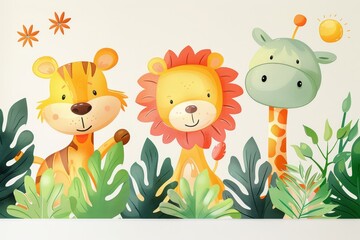 Naklejka premium A cute cartoon illustration of a lion, tiger, and giraffe with a white background and green leaves at the bottom.