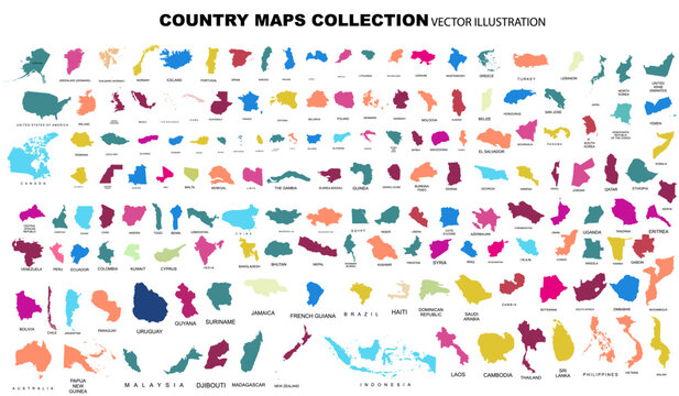 Complete Countries Map of the World Perfect Icons . Every single country map are listed and isolated with names. A complete maps of the world.